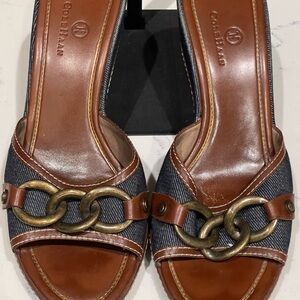 Cole Haan Brown Leather and Blue Sandals with Chain Accent